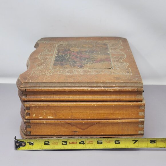 Vintage Wooden Dovetail Jewelry Box With Mirror & Floral Design - Picture 11 of 12